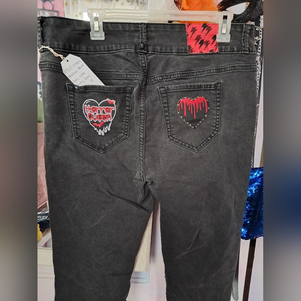 Blackheart Horror Queen Custom Patched Faded Black Skinnies w Heart Patches RAGE